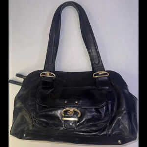 Kate Landry Luxury Classic Designer Multi Pocketed Buckle Black Leather Handbag